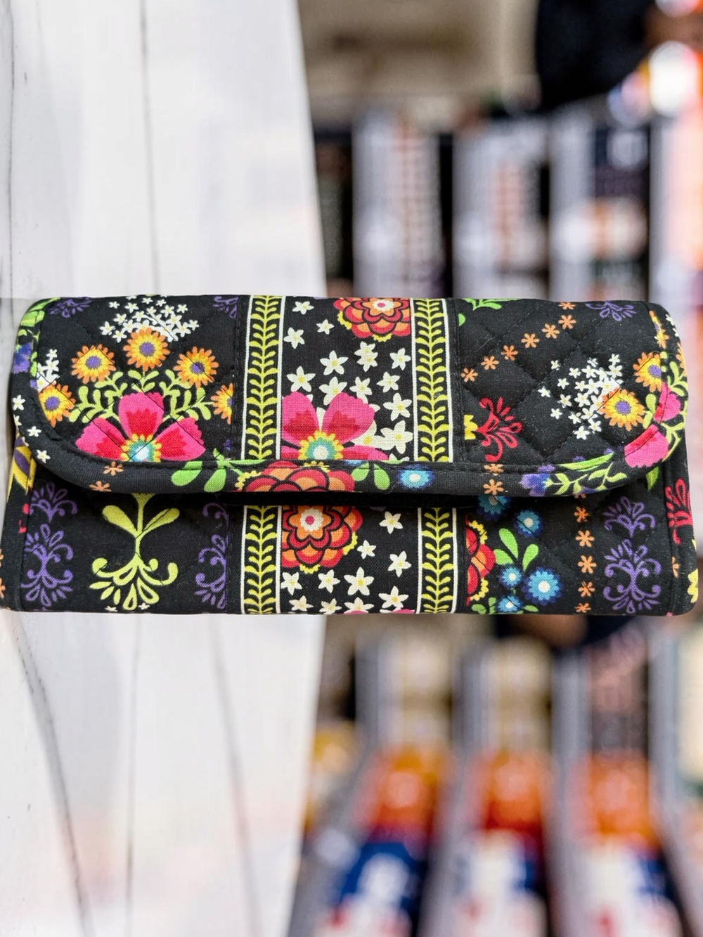 Stephanie Dawn Quilted Floral Clutch Wallet - Black with Multicolor Floral Print